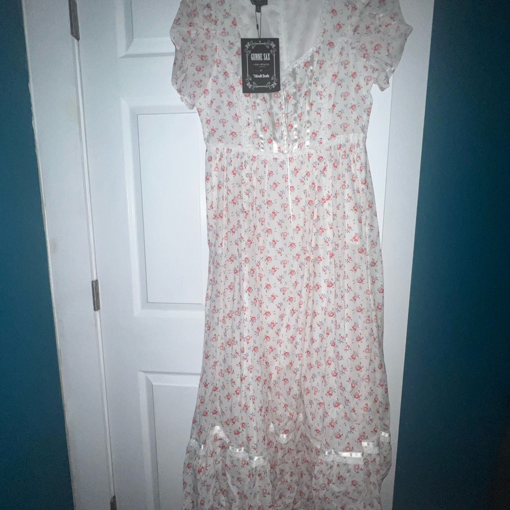 Gunne Sax Floral Maxi Dress with Red and White Design
